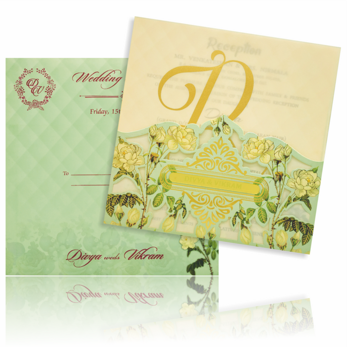 Green Premium Floral Panache Designer Card In Laser Cut-KNP7004G