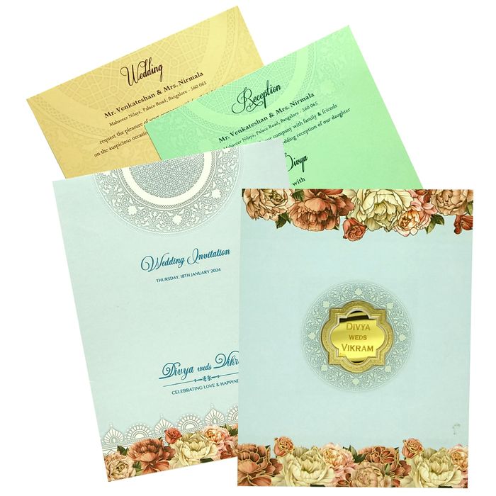 Light Blue Floral Padded Wedding Card In Offset Print
