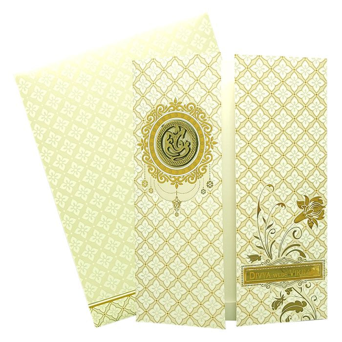 White Gold Floral Nameplate Invitation Card