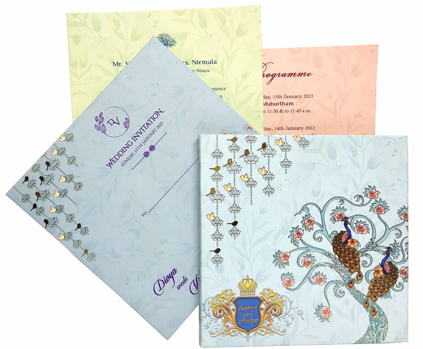 Light blue padded peacock scodix royal invitation card