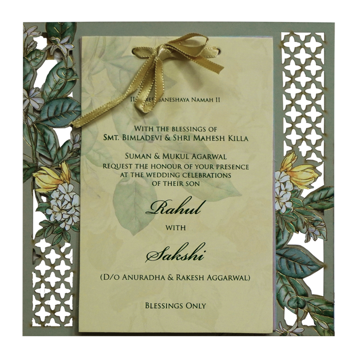 Green Floral Laser MDF Invitation Card