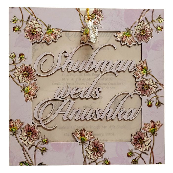 Pink Floral MDF Wedding Invitation Card