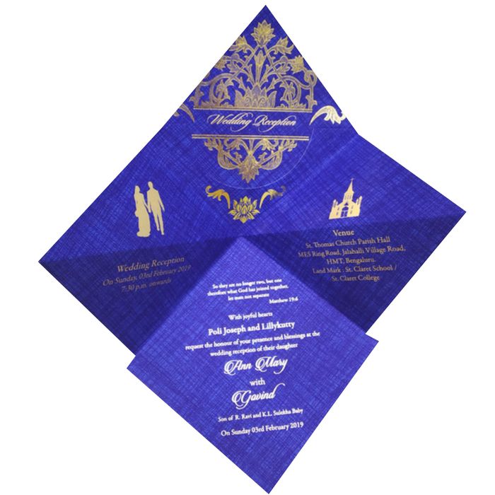 Blue Designer Personal Invitation Card In Gold Foiling Print With Bag-KNF9101B