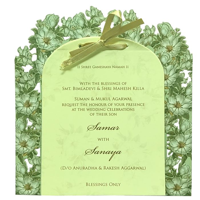 Olive green floral laser cut board invitation card