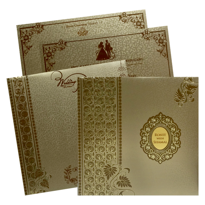 Golden Padded Floral Wedding Card