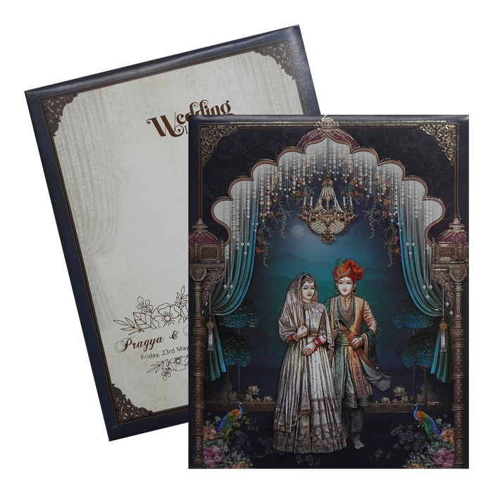 Dark Blue Grey Royal Padded Wedding Card
