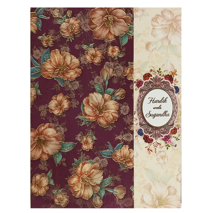 Maroon Cream Floral Door Padded Wedding Card