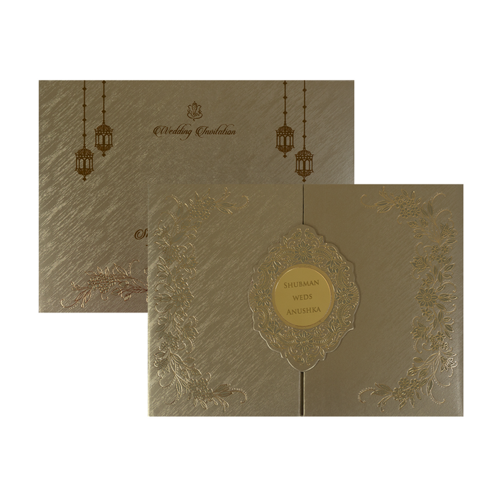 Metallic Olive Green Nameplate Padded Wedding Card
