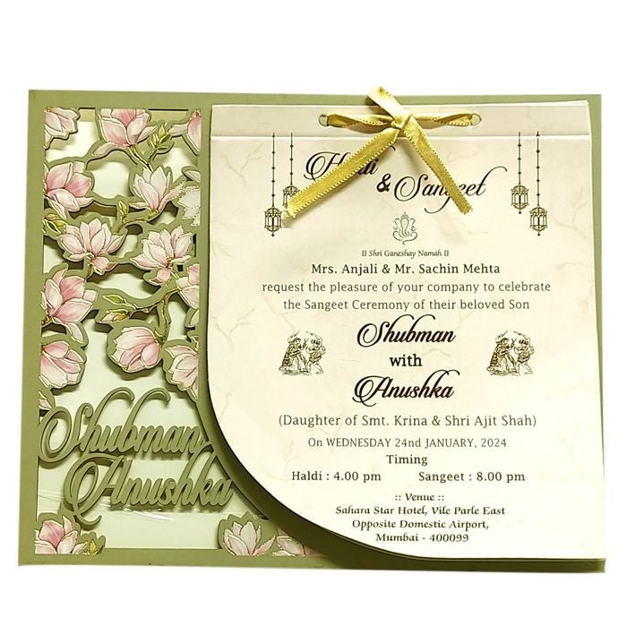 Green Floral MDF Wedding Invitation Card