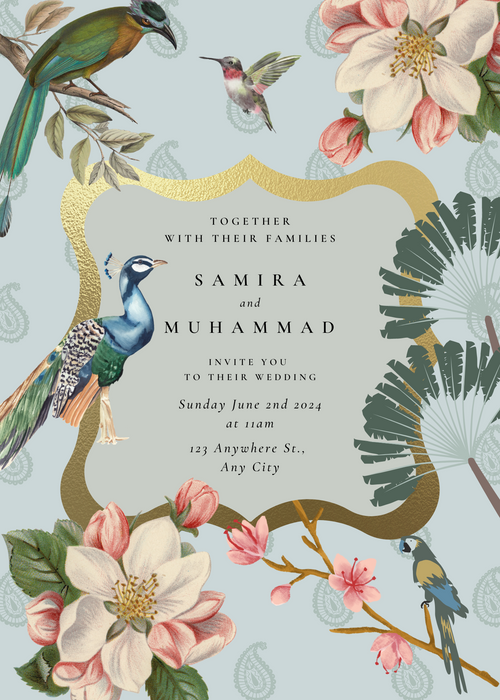 Tropical Bird Bloom Indian Wedding Invitation Card