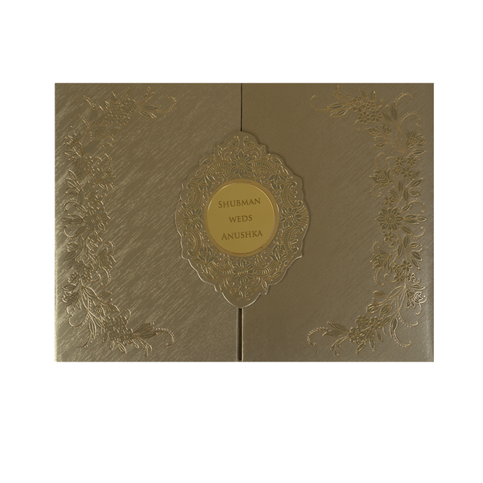 Metallic Olive Green Nameplate Padded Wedding Card