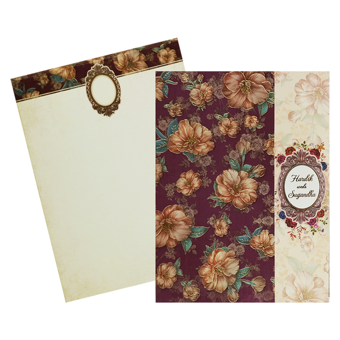 Maroon Cream Floral Door Padded Wedding Card