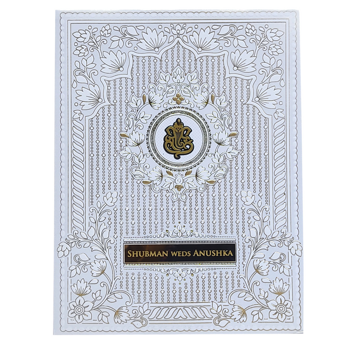 White Embossed Floral Ganesha Wedding Card