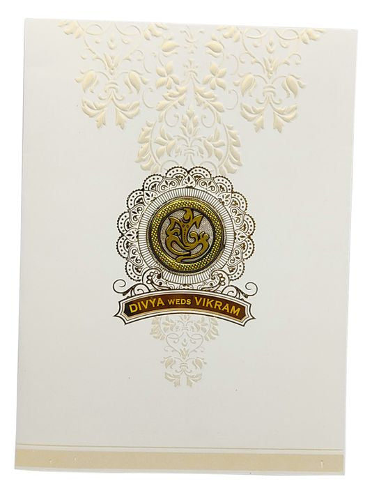 White Screen Embossed Floral Design With Gold Foiling And Ganesha-KNK7033W