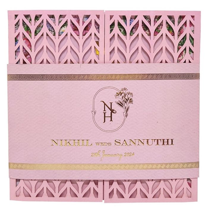 Pink Trendy Laser Cut Invitation With Gold Wedding Logo-KNKYP003