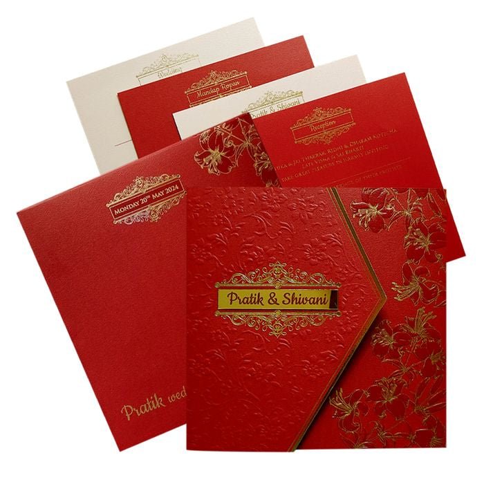 Red Floral Nameplate Door Wedding Card