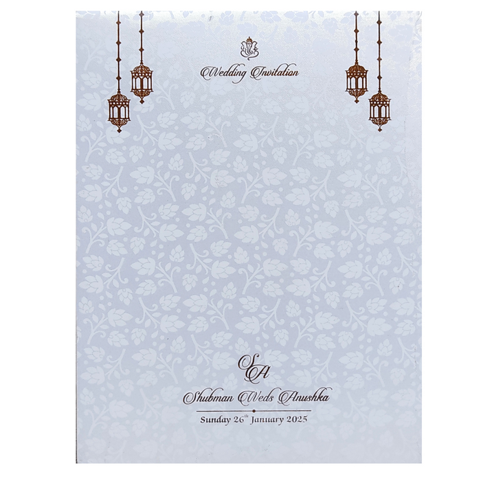 White Embossed Floral Ganesha Wedding Card