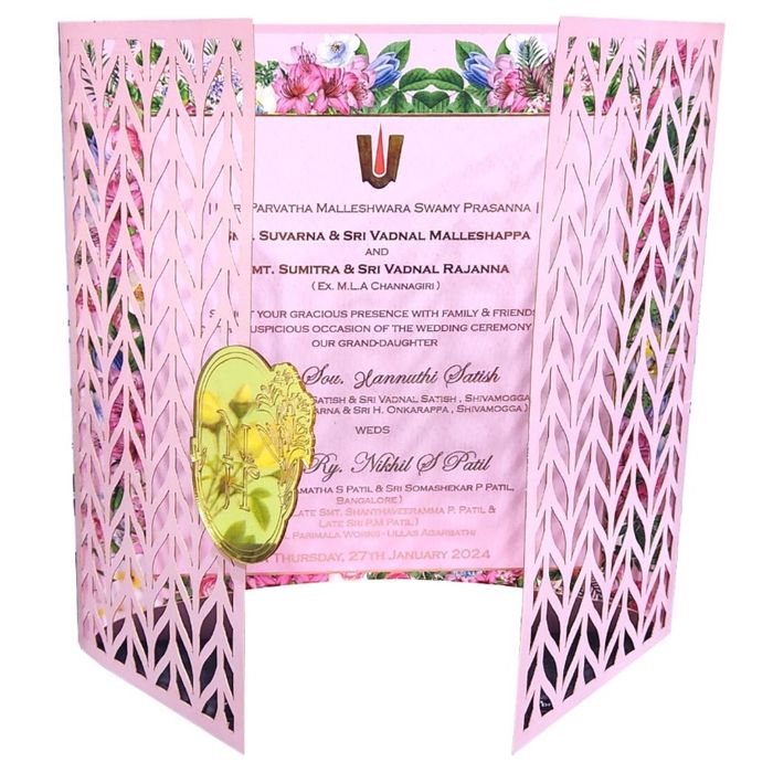 Pink Trendy Laser Cut Invitation With Gold Wedding Logo-KNKYP003