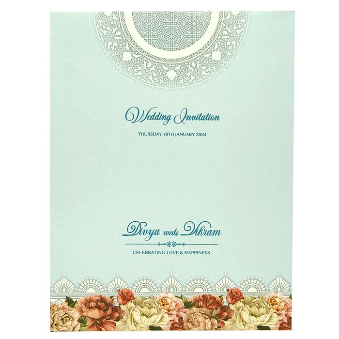 Light Blue Floral Padded Wedding Card In Offset Print