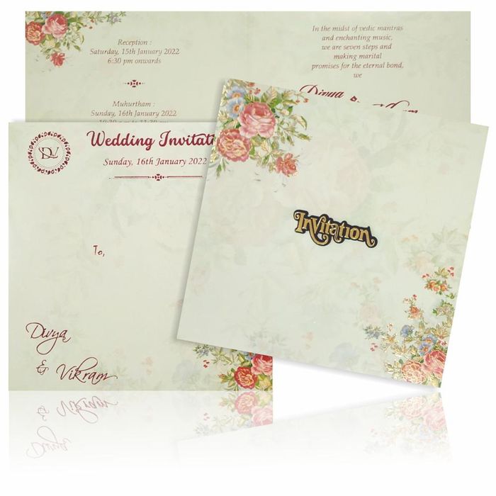 Pista green flower blooming wedding invitation card