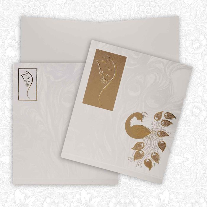 Gold Foiling Ganesha With Peacock Theme Wedding Card - KNK2778