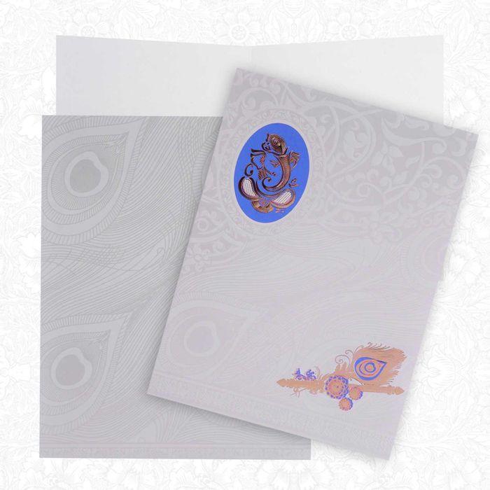 Gold Foiling Ganesha With Blue Background Wedding Card - KNK4359