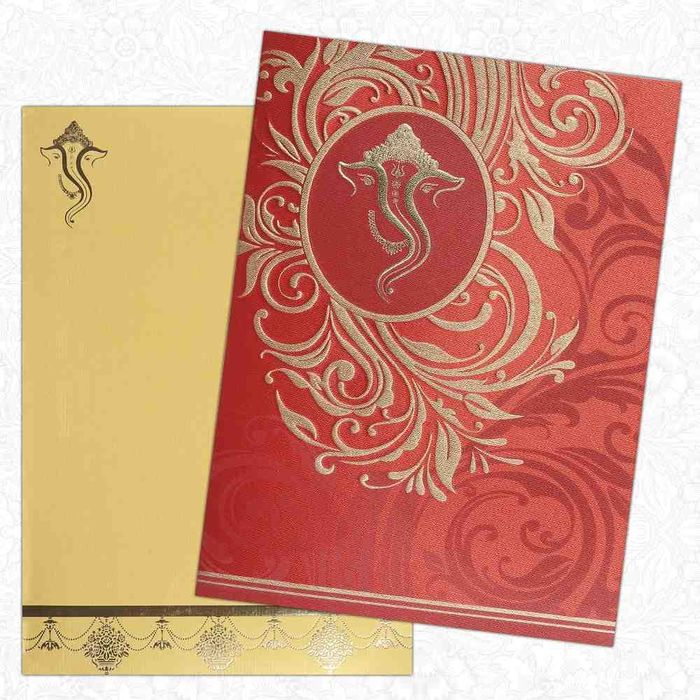 Invitation Card - Stunning Creation in Red and Gold with Hindu Ganesha Invitation Card-KNK4626