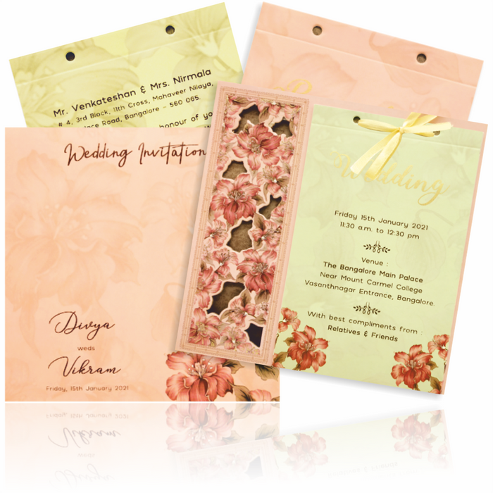 Pink laser cut Floral Stiff Board Wedding Card-KNKA8050