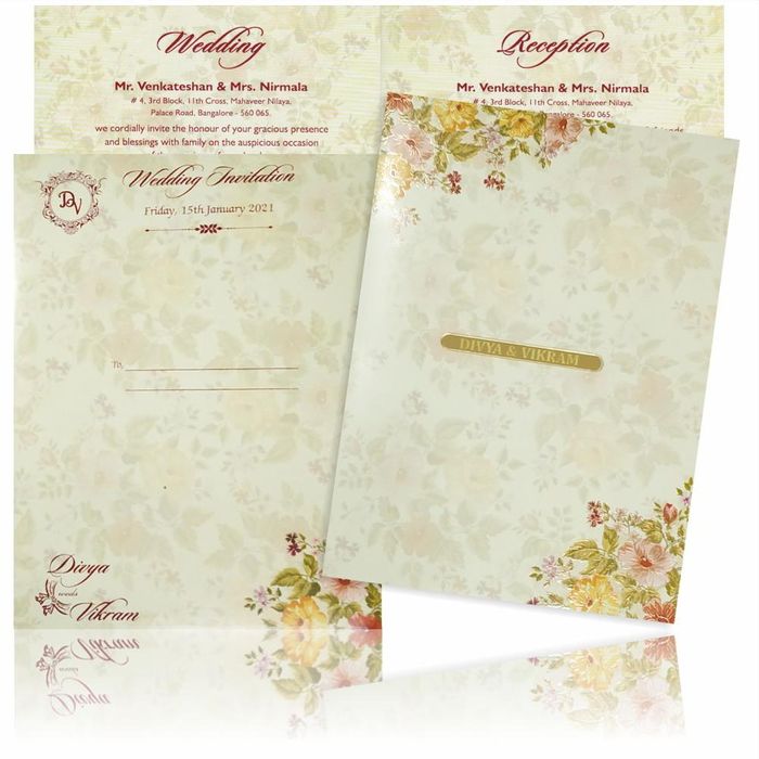 Olive Green Classic Designer Floral Offset Wedding Card With Name Plate-KNKC4031