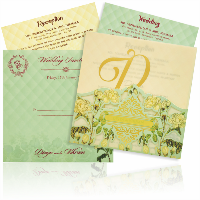 Green Premium Floral Panache Designer Card In Laser Cut-KNP7004G