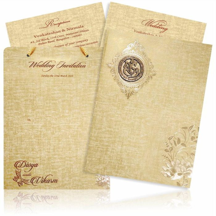 Brown Gold Floral Padded Wedding Card With Ganesha Emblem-KNPS9511N