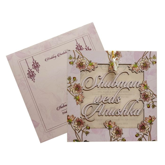 Pink Floral MDF Wedding Invitation Card