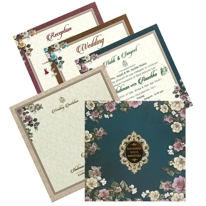 Teal Green Floral Nameplate Padded Invitation Card