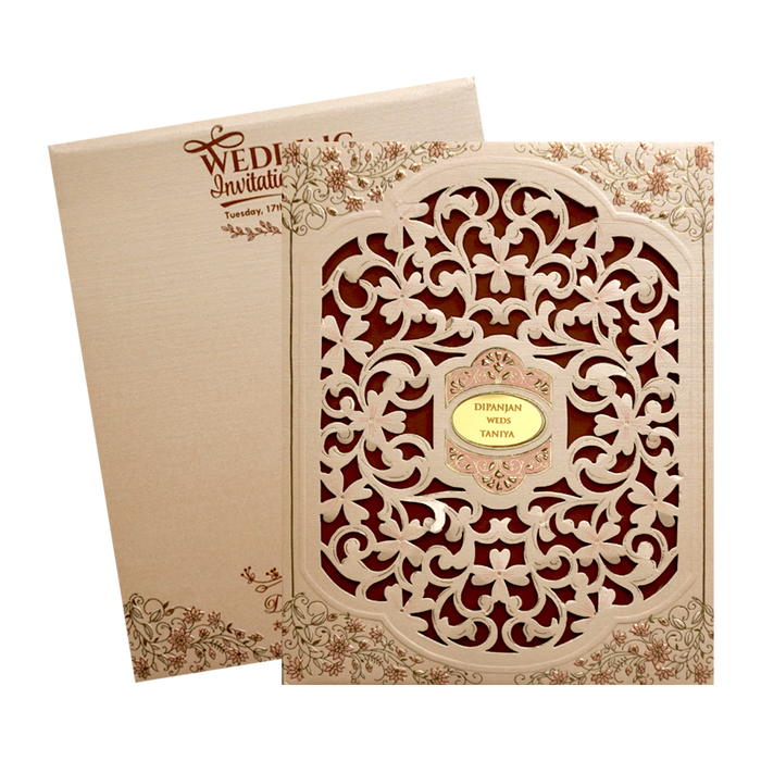 Pastel Peach Laser Cut Padded Wedding Card