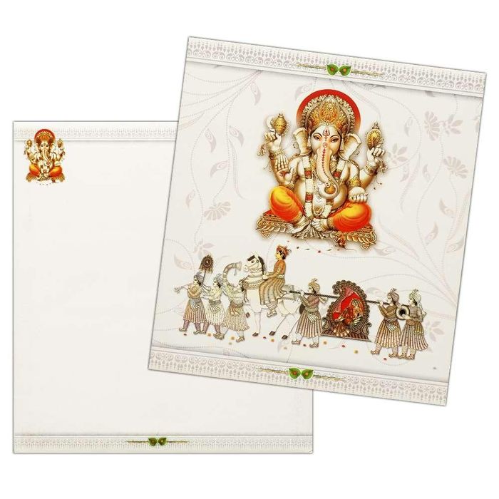 White Classic Ganesha Wedding Card With Doli Baraat-KNK1292