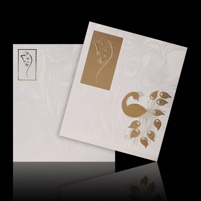 Gold Foiling Ganesha With Peacock Theme Wedding Card - KNK2778