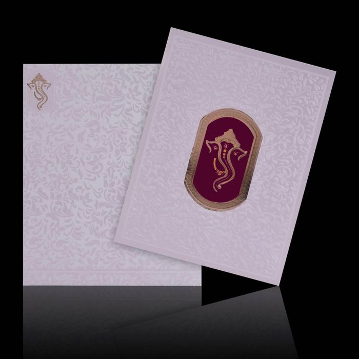 Enchanting Gold Ganesha With Violet Background Wedding Card - KNK2831