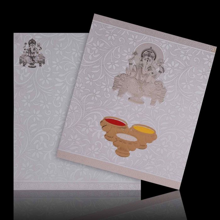 Pristine White Shading With Gold Ganesha Wedding Card - KNK4100