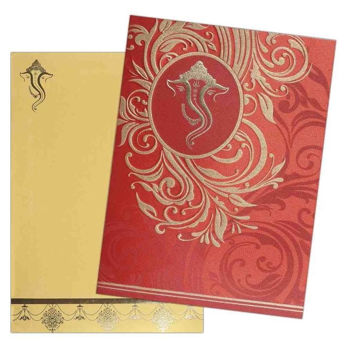Invitation Card - Stunning Creation in Red and Gold with Hindu Ganesha Invitation Card-KNK4626