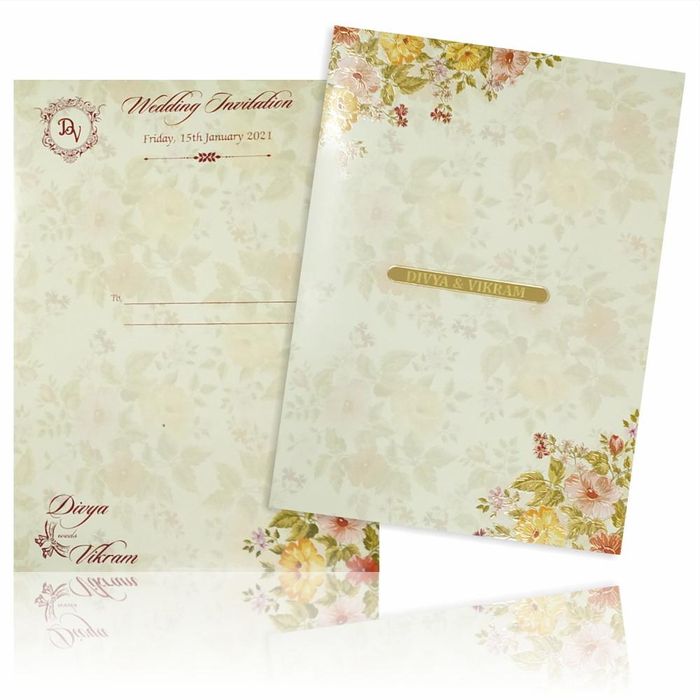 Olive Green Classic Designer Floral Offset Wedding Card With Name Plate-KNKC4031