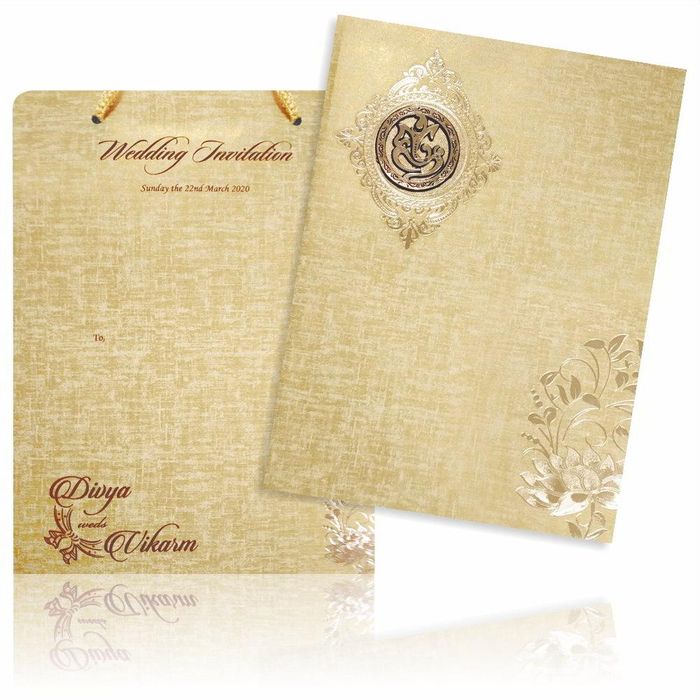 Brown Gold Floral Padded Wedding Card With Ganesha Emblem-KNPS9511N