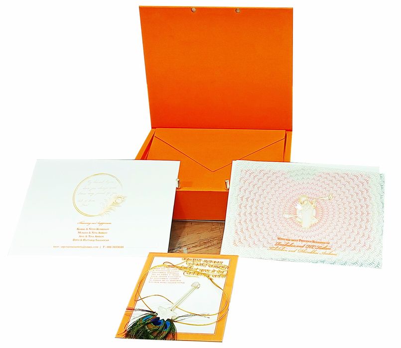Orange Ultra Premium Luxury Invite With Peacock Feather