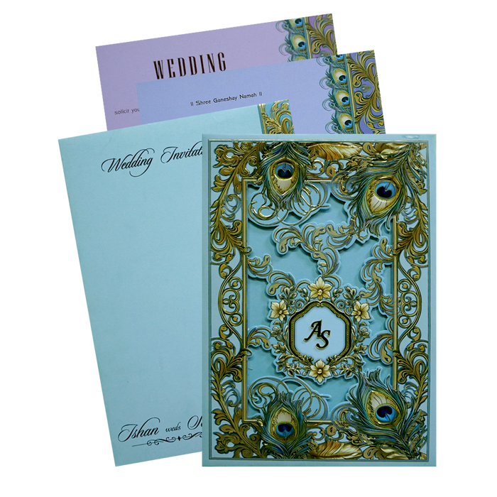 Pastel Blue Floral Peacock Padded Wedding Card