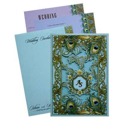 Pastel Blue Floral Peacock Padded Wedding Card