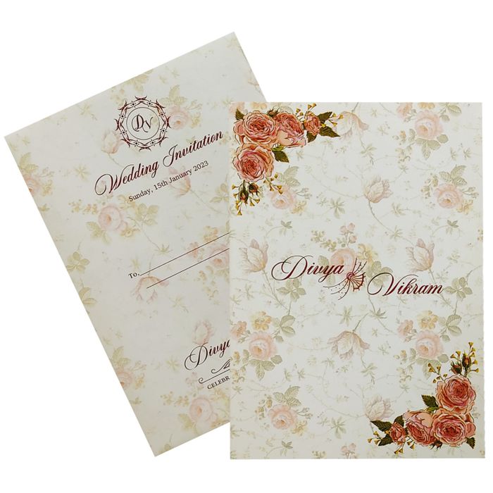 Pink Classic Uncoated Floral Invitation Card In Offset-KNKC4041
