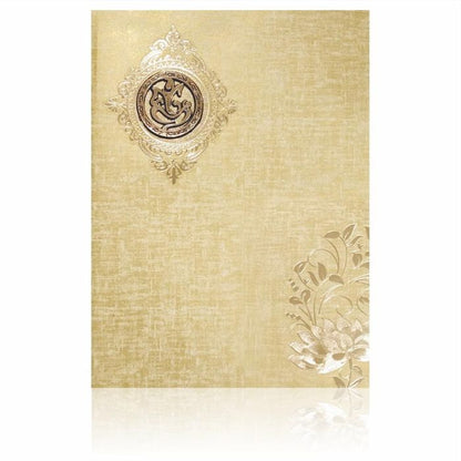 Brown Gold Floral Padded Wedding Card With Ganesha Emblem-KNPS9511N