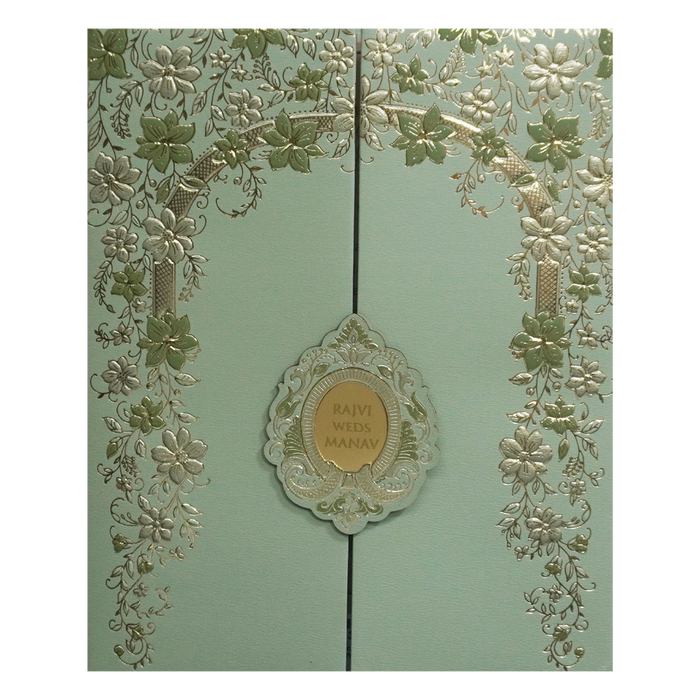 Pista Green Embossed Door Wedding Invitation