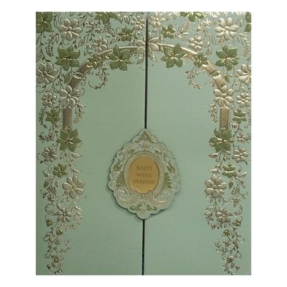 Pista Green Embossed Door Wedding Invitation