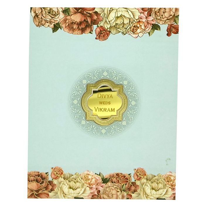 Light Blue Floral Padded Wedding Card In Offset Print