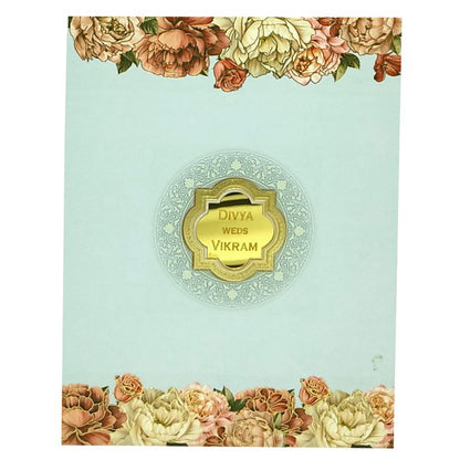 Light Blue Floral Padded Wedding Card In Offset Print